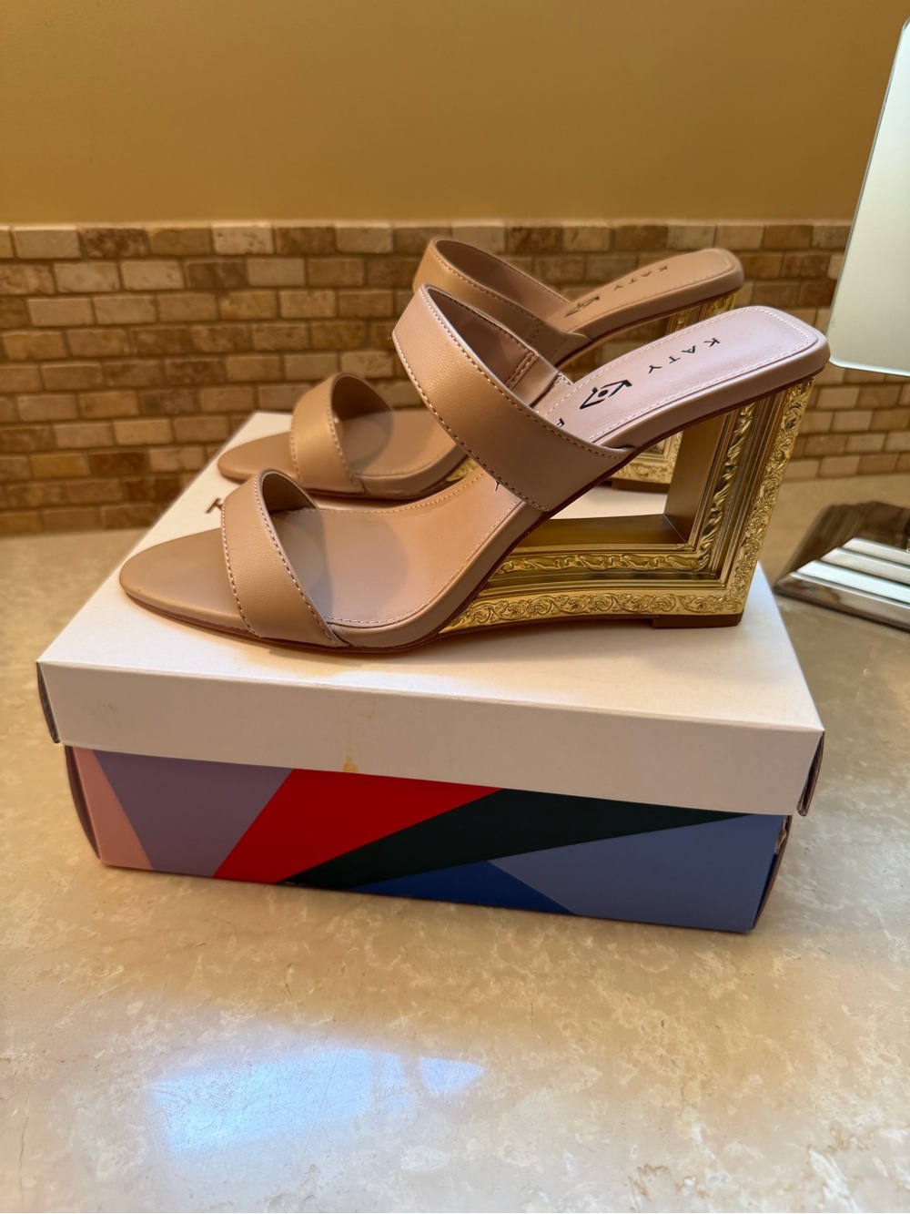 Katy Perry Collections Nude Strappy Mule with Ornate Gold Block Heel
